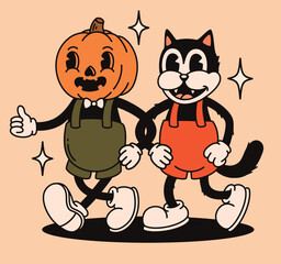 Halloween retro groovy characters friends cat and pumpkin.