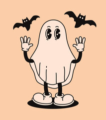 Halloween groovy ghost character with bats.