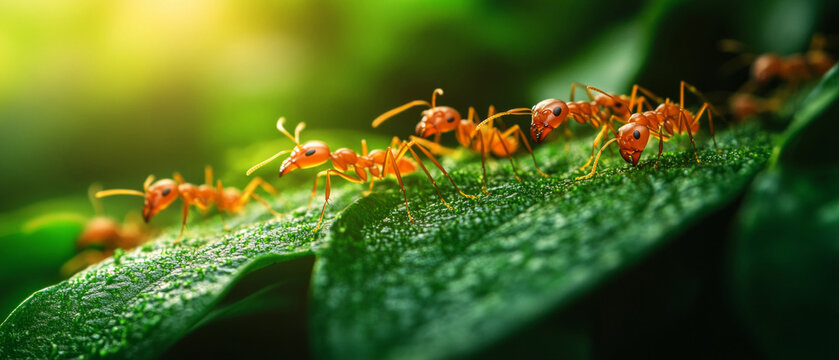 Red ants on a green leaf in nature, macro photography.
Ideal for articles about insects, nature, ecology, scientific publications, and educational materials on biology.