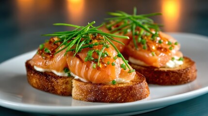 A gourmet presentation of salmon canapés atop a toasted bread base, designed to impress at upscale events, showcasing sophistication in culinary artistry.