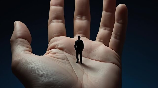 A miniature figure stands in the palm of a large hand, symbolizing protection and vulnerability