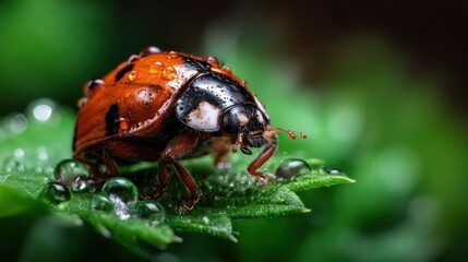 Fototapeta premium A macro shot of a vibrant ladybug adorned with dew droplets sitting on a green leaf, showcasing the beauty of nature and the fine details of its textures and colors.