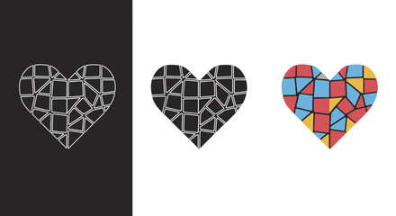 Artistic Mosaic Heart Vector Icon Set with Geometric and Hand Drawn Styles