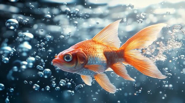 A vibrant goldfish gracefully swims amidst a profusion of bubbles in an aquarium.