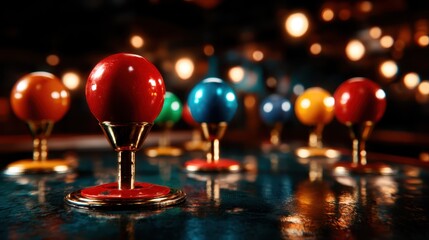 A captivating close-up of colorful game tokens sitting on a vintage arcade table evokes nostalgia and playful memories of classic gaming experiences and fun times.