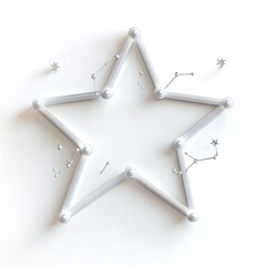 A stylized star shape, light gray, with connecting rods and spheres, on a white background.  Small, scattered, light gray dots and star shapes add a cosmic element