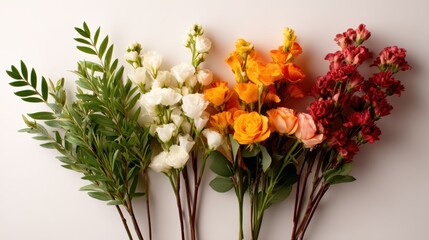A vibrant collection of colorful flowers features white, orange, and red blooms, showcasing the beauty of nature in a striking arrangement against a clean background.
