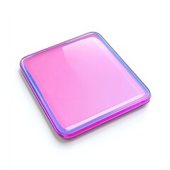 A square, glossy, layered button in a vibrant pink and purple hue