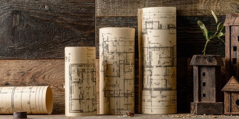 Architectural blueprints and house models on a rustic surface