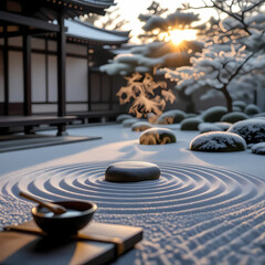 Tranquil Zen Garden with Raked Sand and Single Stone – Meditative Landscape for Mindfulness, Therapy, and Self-Care Apps