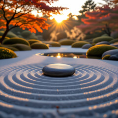 Tranquil Zen Garden with Raked Sand and Stone – Meditative Landscape for Mindfulness, Therapy, and Self-Care Apps
