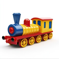Colorful toy train, bright primary colors, plastic construction, simple design, isolated on white background