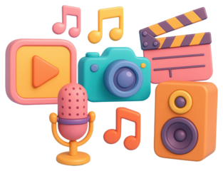 3D cartoon icons of media and entertainment elements on a light blue background graphic design isolated on a transparent background