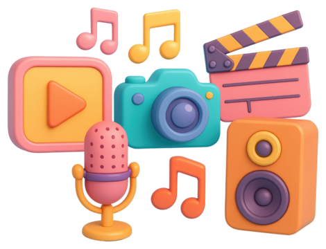 3D cartoon icons of media and entertainment elements on a light blue background graphic design isolated on a transparent background - Powered by Adobe