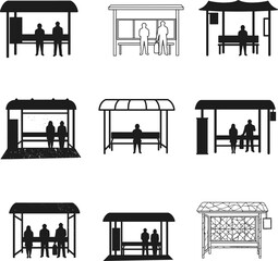 Bus stop shelter silhouettes with people waiting, public transport station design for urban city illustration set
