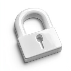 White padlock icon.  Glossy, 3D rendered representation of a padlock on a white background.  The padlock is angled and displays a keyhole.  High contrast