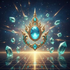 Golden Thai motif emblem with central emerald, surrounded by floating gems above reflective grid and stars