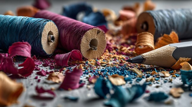 Colored pencils and a sharpener surrounded by curled shavings1