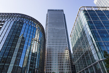 Glass Skyscrapers in Financial District. Modern Corporate Architecture and Blue Sky