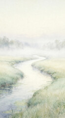 Misty River Serenity Watercolor Landscape