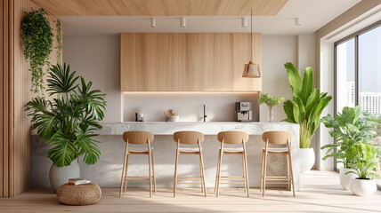 Modern kitchen with wooden furniture and bright green plants, cozy interior design. AI generated