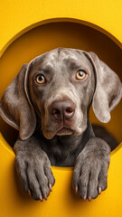 Dog peeking through yellow hole background, funny curious animal portrait. AI generated