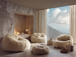 Cozy living room interior with large windows and mountain landscape view. AI generated