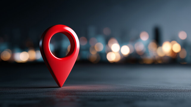 Red map pin marker standing on wet surface with city bokeh background. AI generated