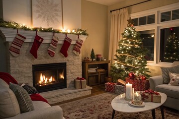Cozy Christmas living room with fireplace and decorated tree