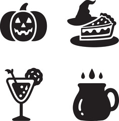  Black White Spooky Desserts: Halloween Pie Cookie Brew Drink Vector Icons and pumpkin pie, bat cookies, bloody cocktail, witch brew.