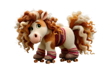 Playful cartoon pony with curly mane, striped sweater, and roller skates. Whimsical, humorous animal character art with exaggerated features and charming design.