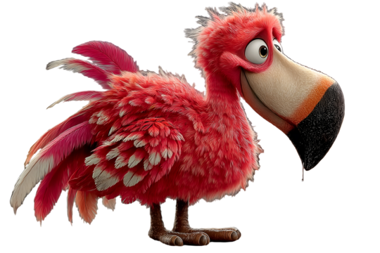 Playful illustration of a red flamingo with exaggerated features, holding a paint palette and brush on a wooden surface. Whimsical, humorous animal art with vibrant tropical background.
