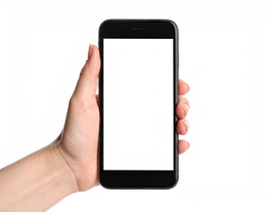 Close Up of Hand Holding Black Smartphone with Blank White Screen Isolated Against White Background in Bright Studio Lighting for Product Presentation