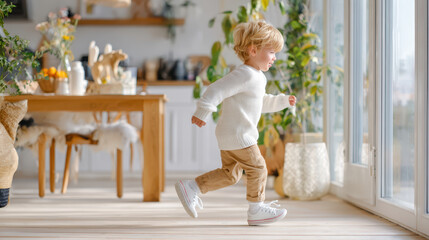 Happy toddler running towards large windows in a bright, modern living room filled with plants and wooden furniture