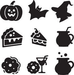 Halloween Treat Silhouettes: Black White Pie Bat Drink Witch Vector Art and and pumpkin pie, bat cookies, bloody cocktail, witch brew.