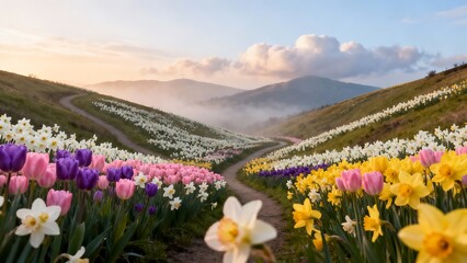 Fototapeta premium Scenic path winds through colorful spring flower fields with misty mountains.