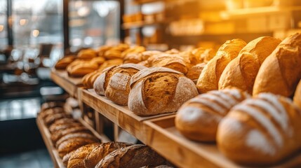 Bakery shop interior with fresh bread and pastries displayed on wooden shelves, warm sunlight, cozy café background.