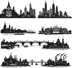 Naklejka premium Cityscape, silhouette, architecture, landmarks, urban, skyline, buildings, bridge, waterfront, classical, modern, design, illustration, cultural, diversity