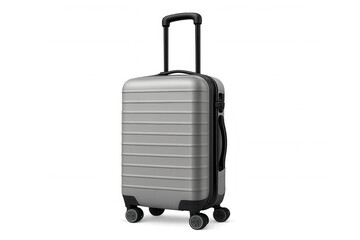Gray hardshell rolling suitcase standing, ready for travel or vacation, with telescopic handle and transparent background