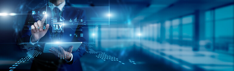 The Tax concept officer touches the smart tax circuit board and financial data on the screen for...