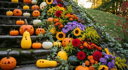 Colorful Autumn Harvest Display on Stone Steps with Pumpkins and Flowers.