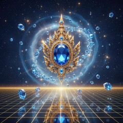 A sacred golden Thai emblem with a blue sapphire floats above a futuristic glowing grid in a cosmic space