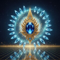 A sacred golden Thai emblem with a blue sapphire floats above a futuristic glowing grid in a cosmic space