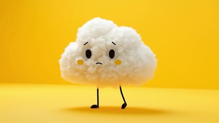 Cute cartoon cloud character with a worried expression standing on a bright yellow background - Powered by Adobe