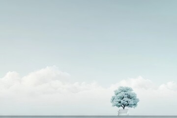 Solitary tree on books, minimal light-blue landscape
