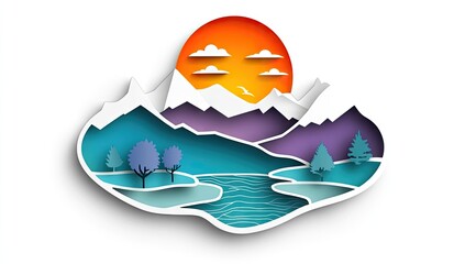 Layered landscape mountains, lake, trees, clouds, and sun