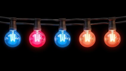 Row of bulbs, blue, red, orange, lit, against a dark backdrop