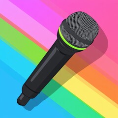 Black microphone against a vibrant, diagonally striped background