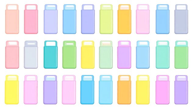 Pastel colored rectangular containers arranged in rows
