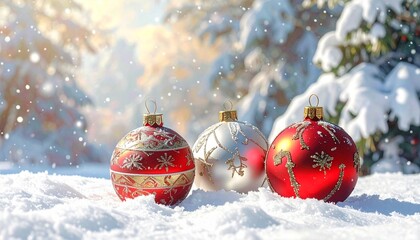 Christmas white background with snow and ornaments